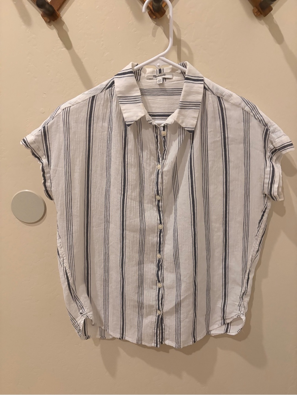 Madewell White and Navy Vertical Stripe Button-Up Blouse